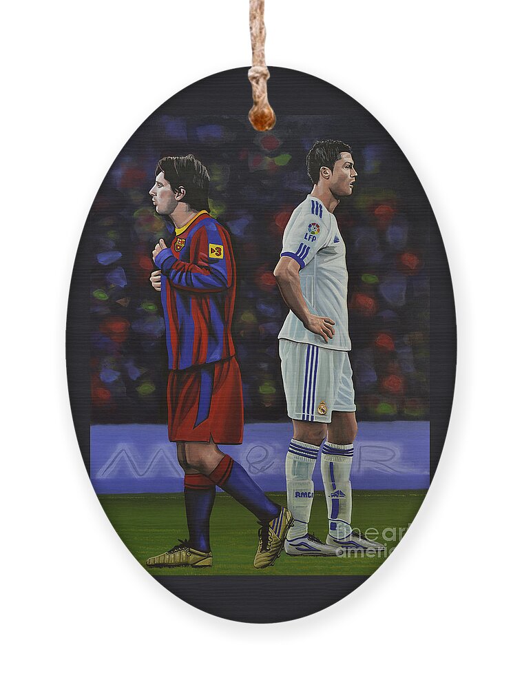 Lionel Messi Ornament featuring the painting Lionel Messi and Cristiano Ronaldo by Paul Meijering