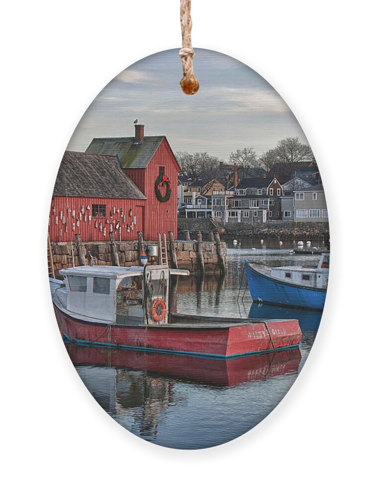Motif Number One Rockport Lobster Shack By Jeff Folger Ornament featuring the photograph Lobster boats at Motif 1 by Jeff Folger