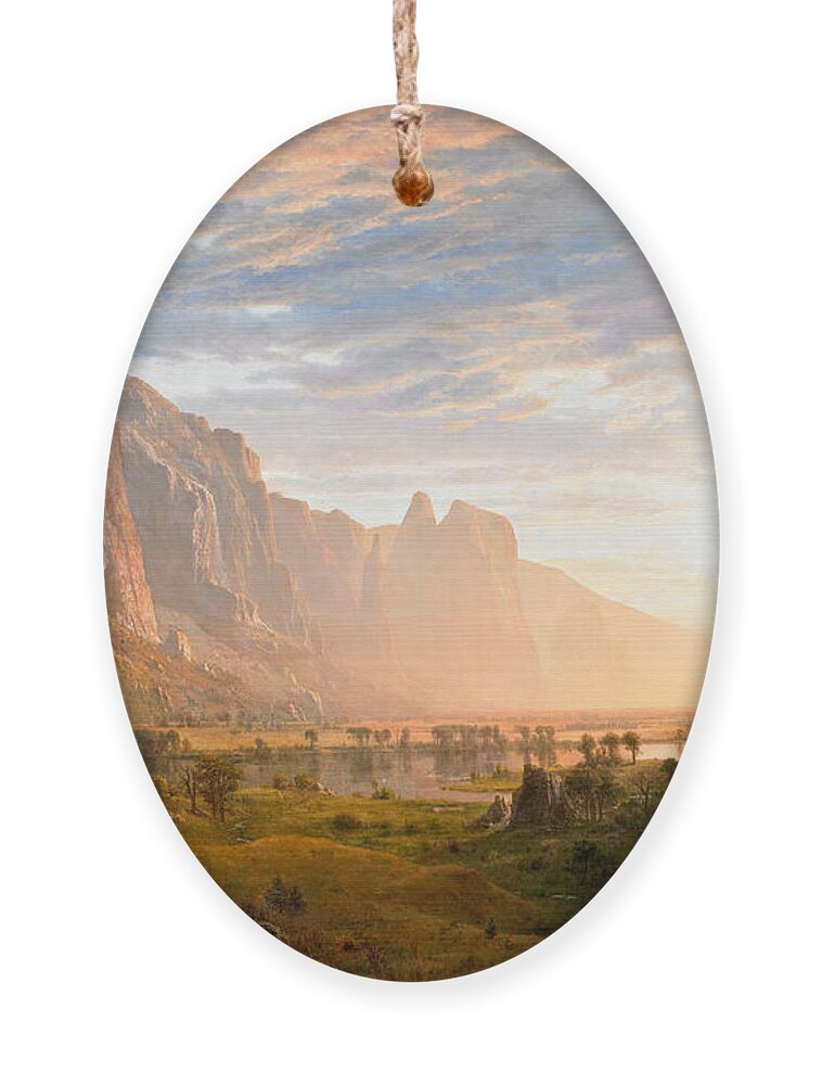 Albert Bierstadt Ornament featuring the painting Looking down Yosemite Valley by Albert Bierstadt