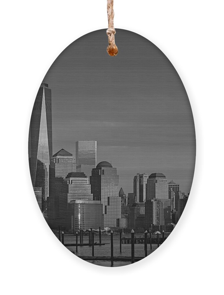 World Trade Center Ornament featuring the photograph Lower Manhattan Skyline BW by Susan Candelario