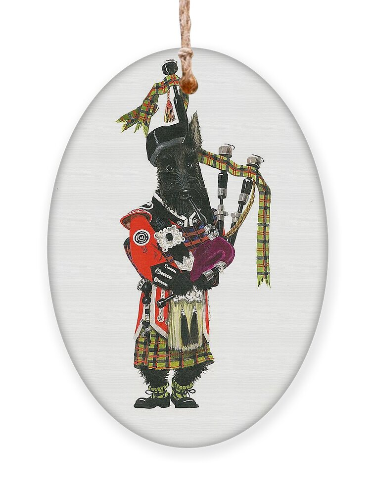 Scottish Terrier Ornament featuring the painting MacDuff and the Pipes by Margaryta Yermolayeva
