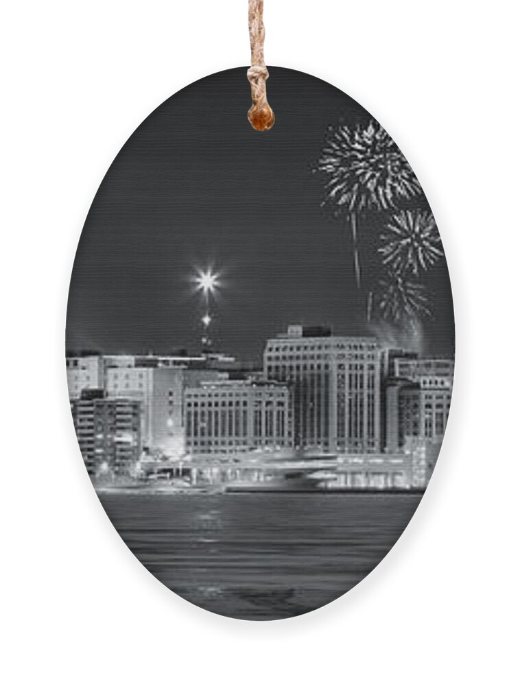 Capitol Ornament featuring the photograph Madison - Wisconsin - New Years Eve Panorama Black and White by Steven Ralser