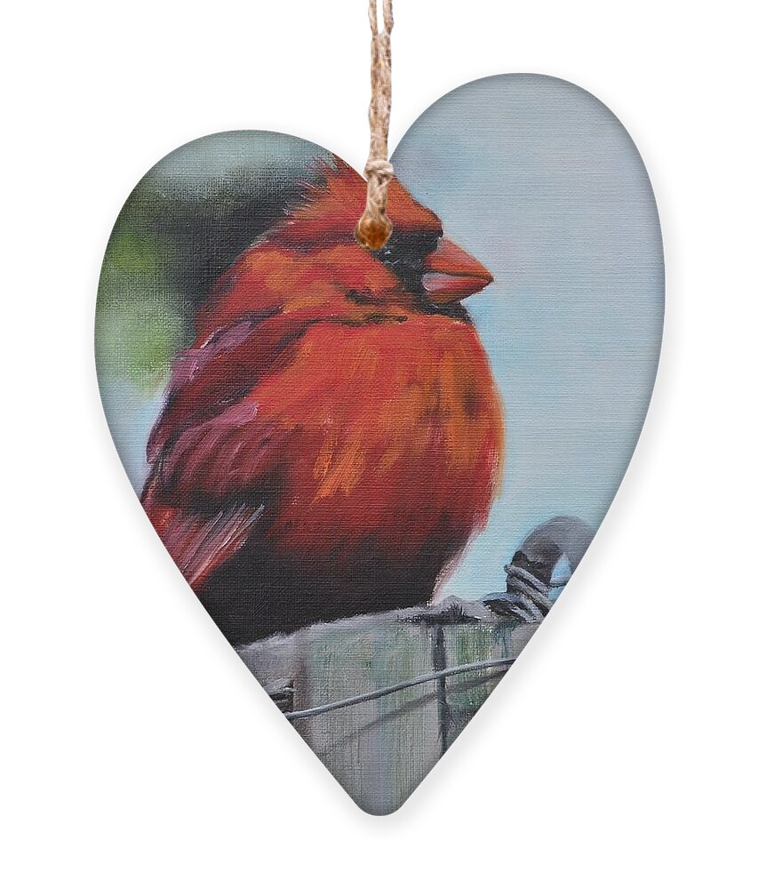 Cardinal Ornament featuring the painting Male Cardinal on Post by Donna Tuten