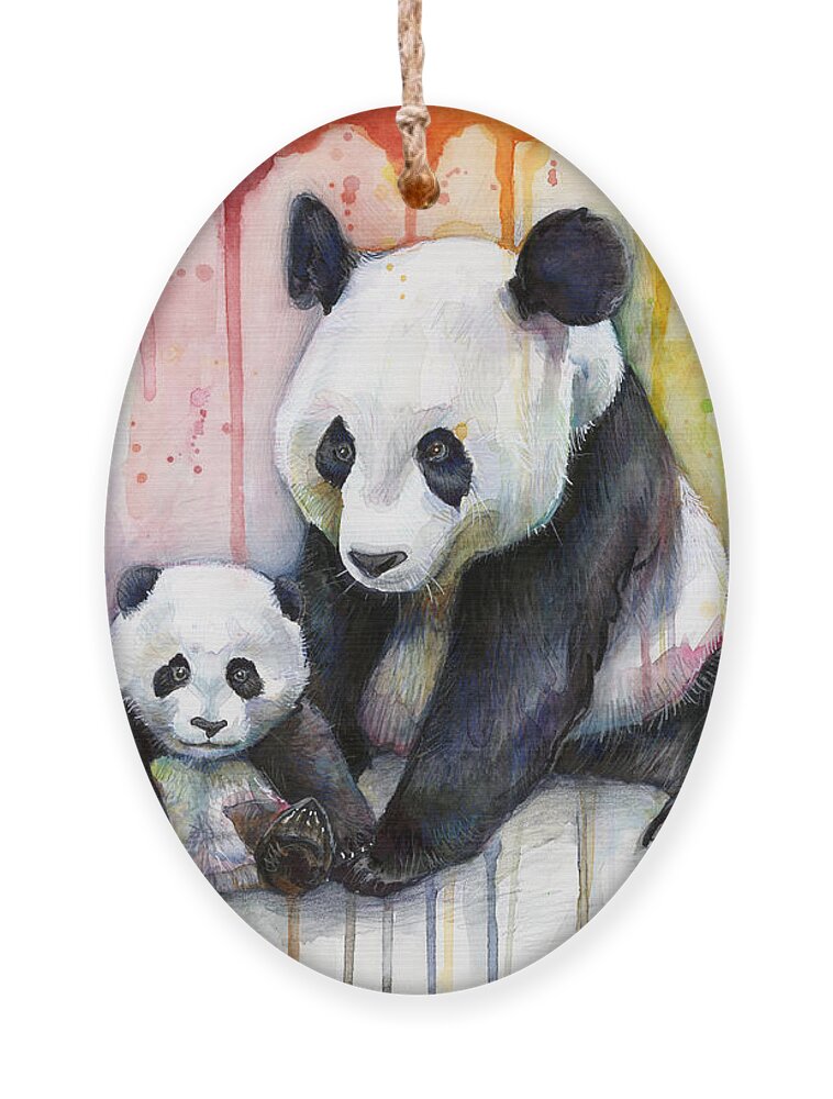 Watercolor Ornament featuring the painting Panda Watercolor Mom and Baby by Olga Shvartsur