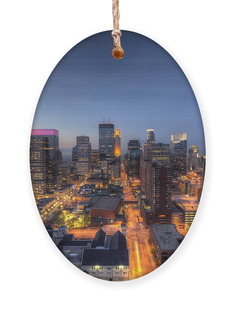 Minneapolis Skyline Painting Ornament featuring the photograph Minneapolis Skyline at Night by Wayne Moran