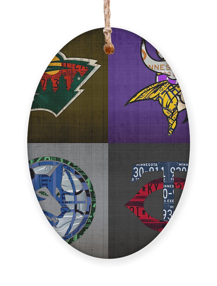 Minneapolis Ornament featuring the mixed media Minneapolis Sports Fan Recycled Vintage Minnesota License Plate Art Wild Vikings Timberwolves Twins by Design Turnpike