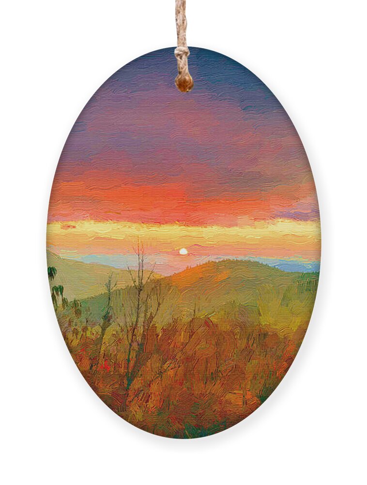 Sunrise Ornament featuring the painting October Sunrise Painting on the Blue Ridge Parkway by John Haldane