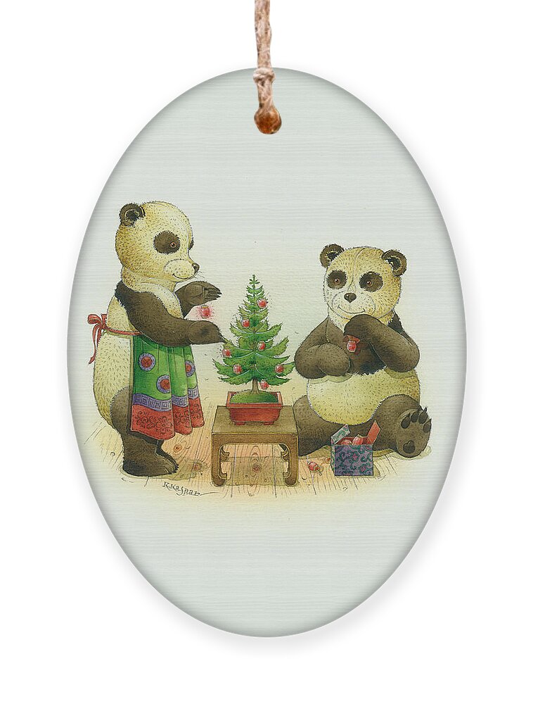 Christmas Greetin Card Pandas Winter Christmas Tree Ornament featuring the painting Pandabears Cristmas 02 by Kestutis Kasparavicius