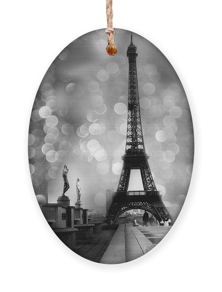 Paris Ornament featuring the photograph Paris Eiffel Tower Surreal Black and White Photography - Eiffel Tower Bokeh Surreal Fantasy Night by Kathy Fornal