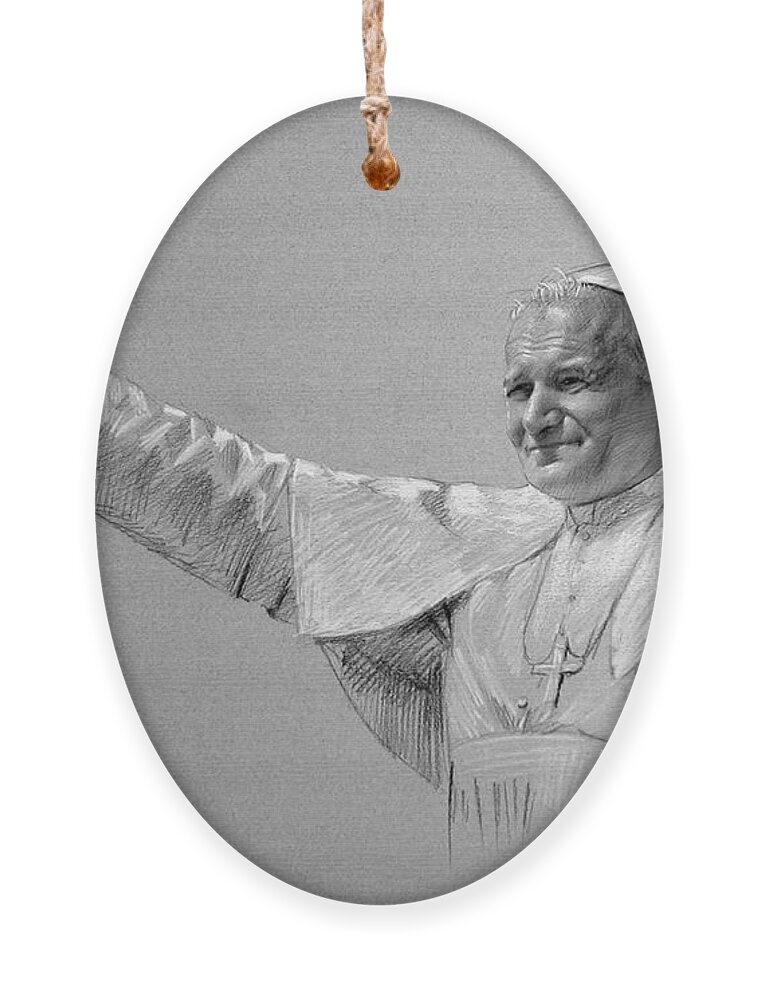 Pope John Paul Ii Ornament featuring the drawing POPE JOHN PAUL II bw by Ylli Haruni