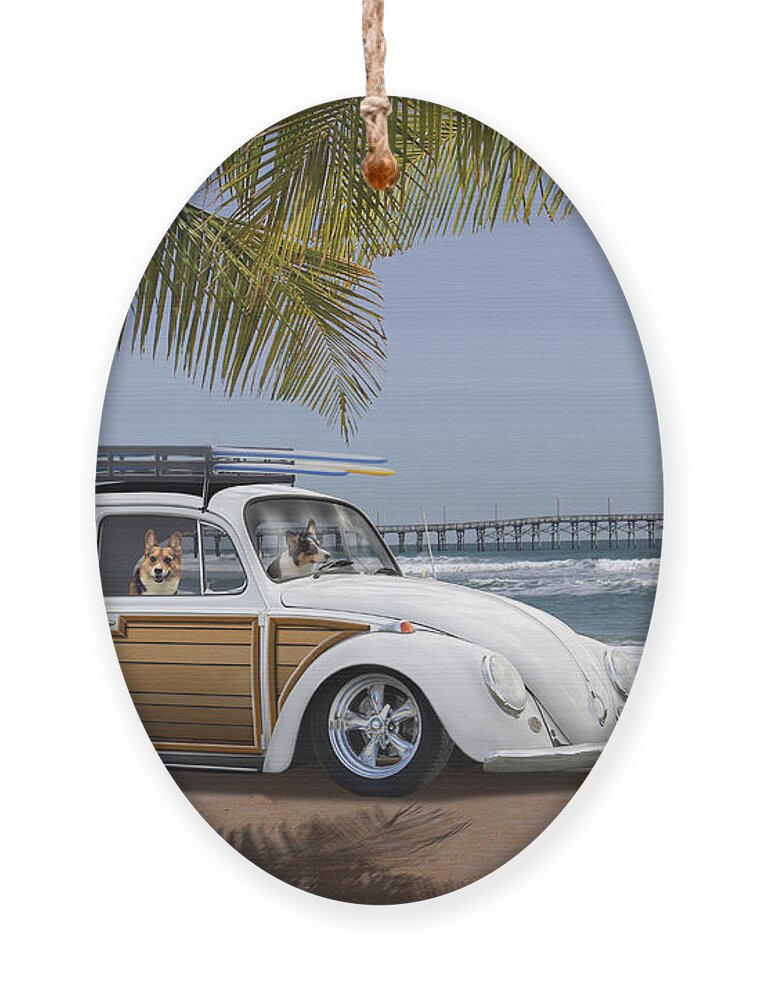 Dogs Ornament featuring the photograph Postcards from Otis - Beach Corgis by Mike McGlothlen