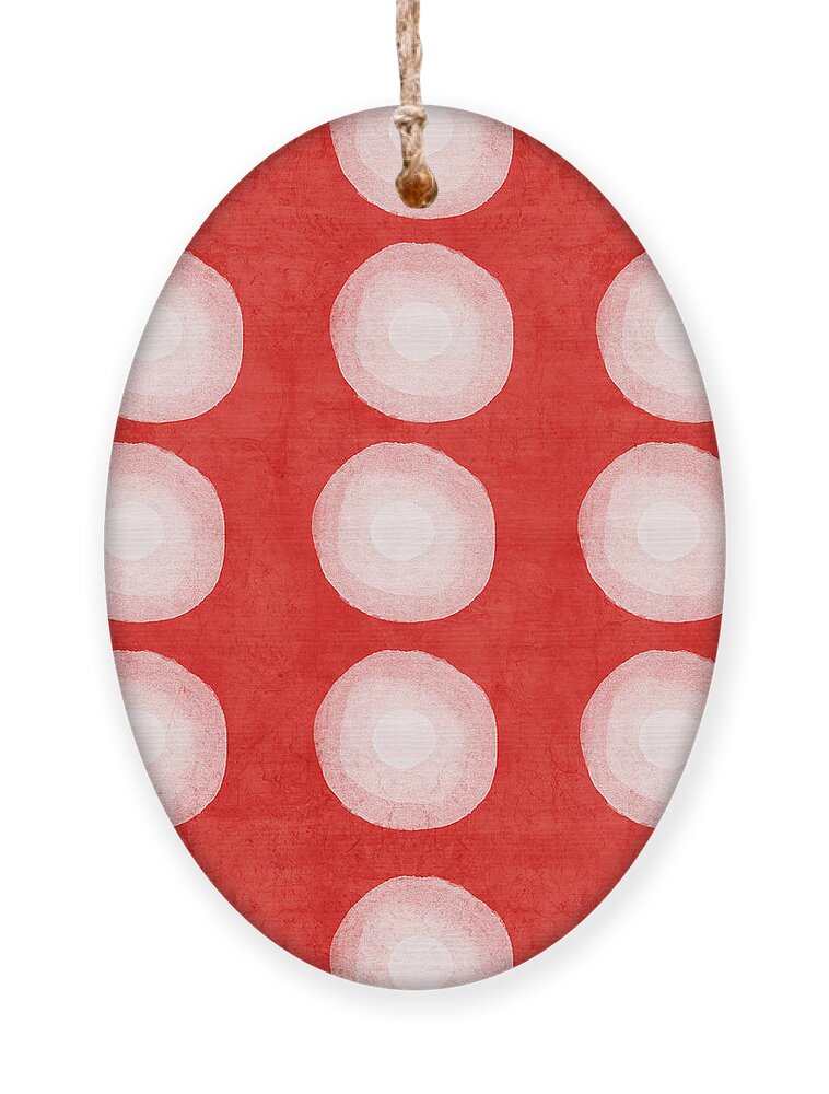 Shibori Dye Circles Pattern Shibori Look Red White Texture Pillow Abstract Art Pop Art Geometric Bedroom Art Kitchen Art Living Room Art Gallery Wall Art Art For Interior Designers Hospitality Art Set Design Wedding Gift Art By Linda Woods Ornament featuring the painting Red and White Shibori Circles by Linda Woods