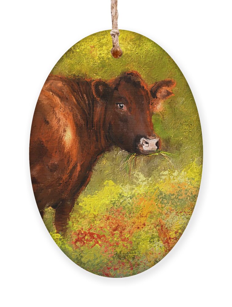 Red Devon Cattle Ornament featuring the painting Red Devon Cattle - Red Devon Cattle in a Farm Scene- Cow Art by Lourry Legarde