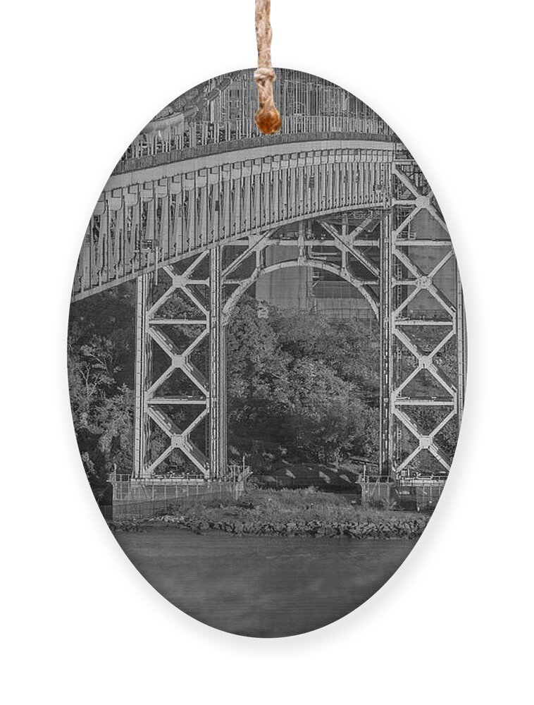 Autumn Ornament featuring the photograph Red Lighthouse And Great Gray Bridge BW by Susan Candelario