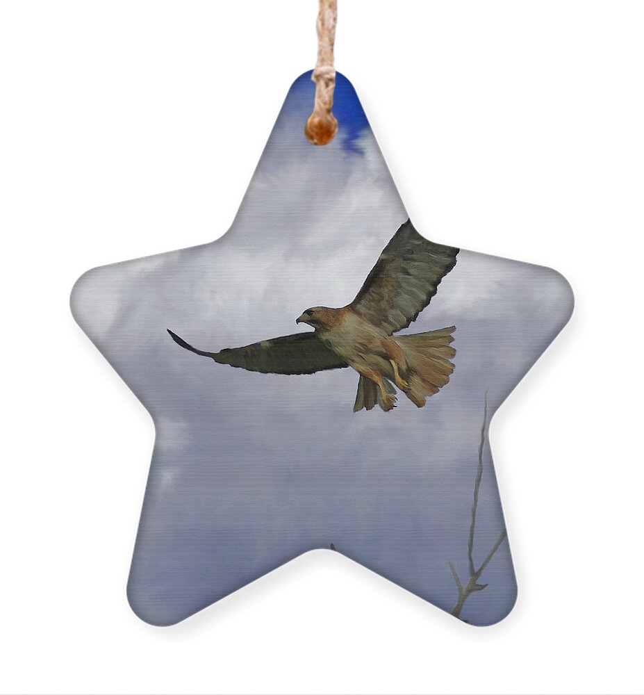 Birds Ornament featuring the painting Red Tail Hawk Digital Freehand Painting 1 by Ernest Echols