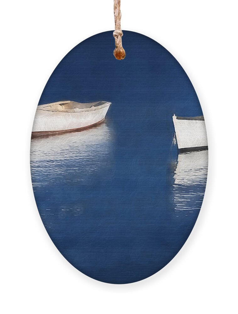 Rowboats Ornament featuring the digital art Reflections on Blue by Jayne Carney