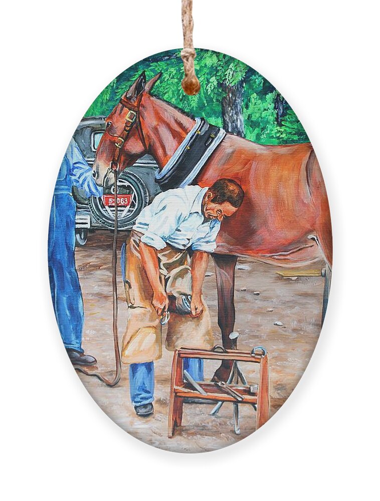 Farrier Ornament featuring the painting Reshoeing the Farm Mule by Karl Wagner