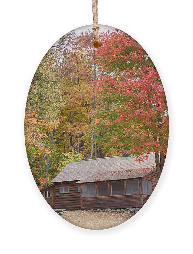 Robert Frost Ornament featuring the photograph Robert Frost cabin in autumn by Jeff Folger