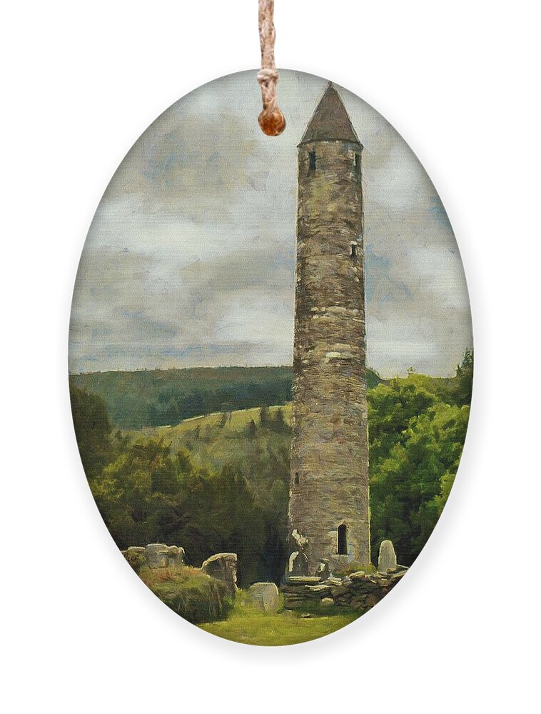 Glendalough Ornament featuring the painting Round Tower at Glendalough by Jeffrey Kolker