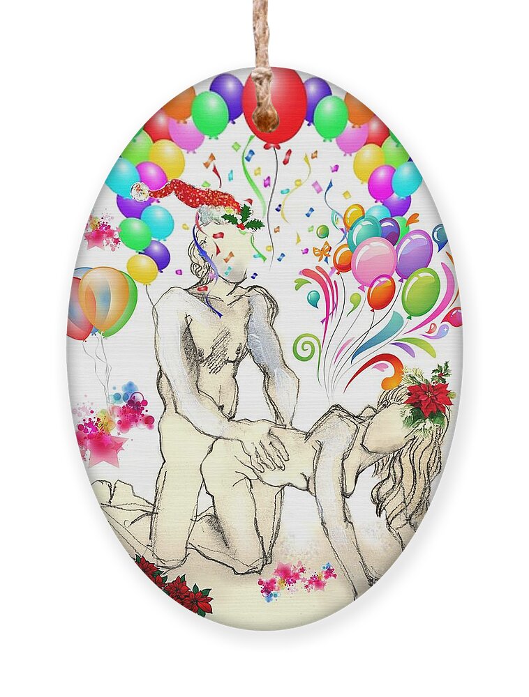 Erotic New Year Ornament featuring the painting Roweena's Happy Holiday - kama sutra by Carolyn Weltman