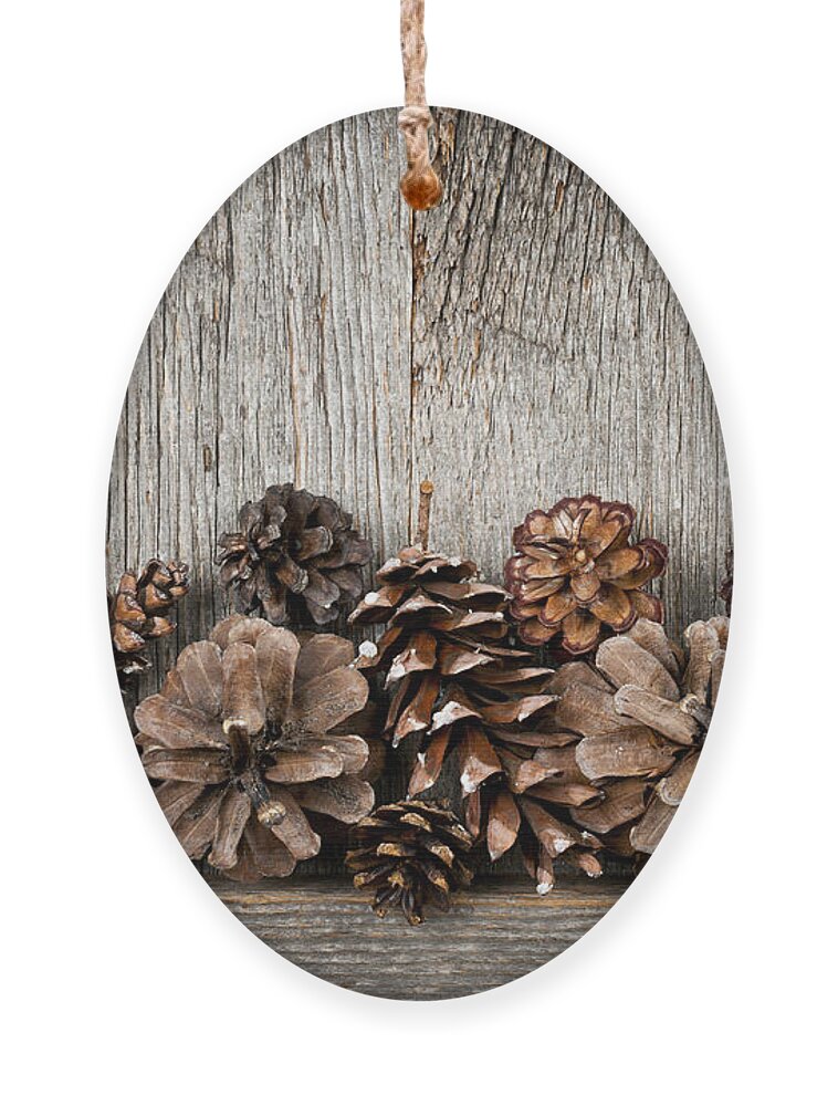 Wood Ornament featuring the photograph Rustic wood with pine cones by Elena Elisseeva