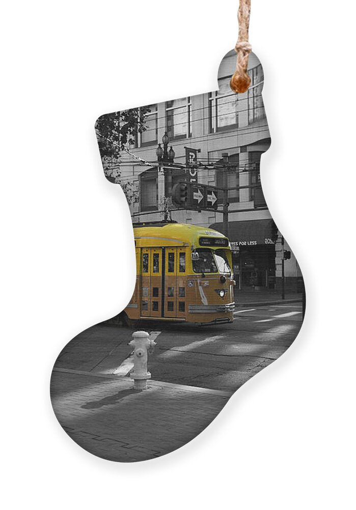 San Francisco Ornament featuring the photograph San Francisco Vintage Streetcar on Market Street - 5D19798 - Black and White and Yellow by Wingsdomain Art and Photography