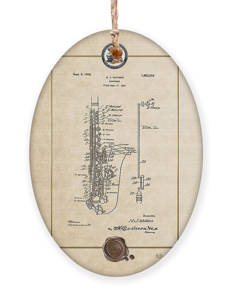 C7 Vintage Patents And Blueprints Ornament featuring the digital art Saxophone by H.J. Waters Vintage Patent Document by Serge Averbukh