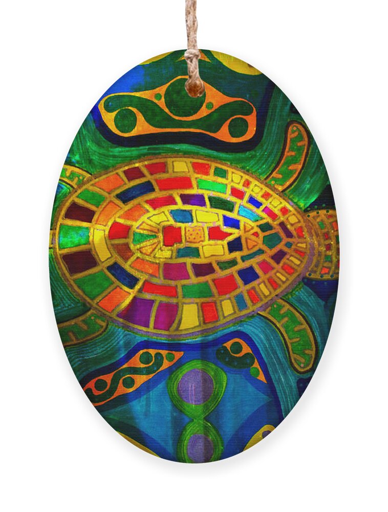 Turtle Ornament featuring the painting Sea Turtle - Abstract Ocean - Native Art by Marie Jamieson
