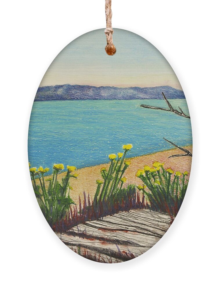 Vashon Island Ornament featuring the pastel Seaside Island Beach with Flowers by Michele Fritz