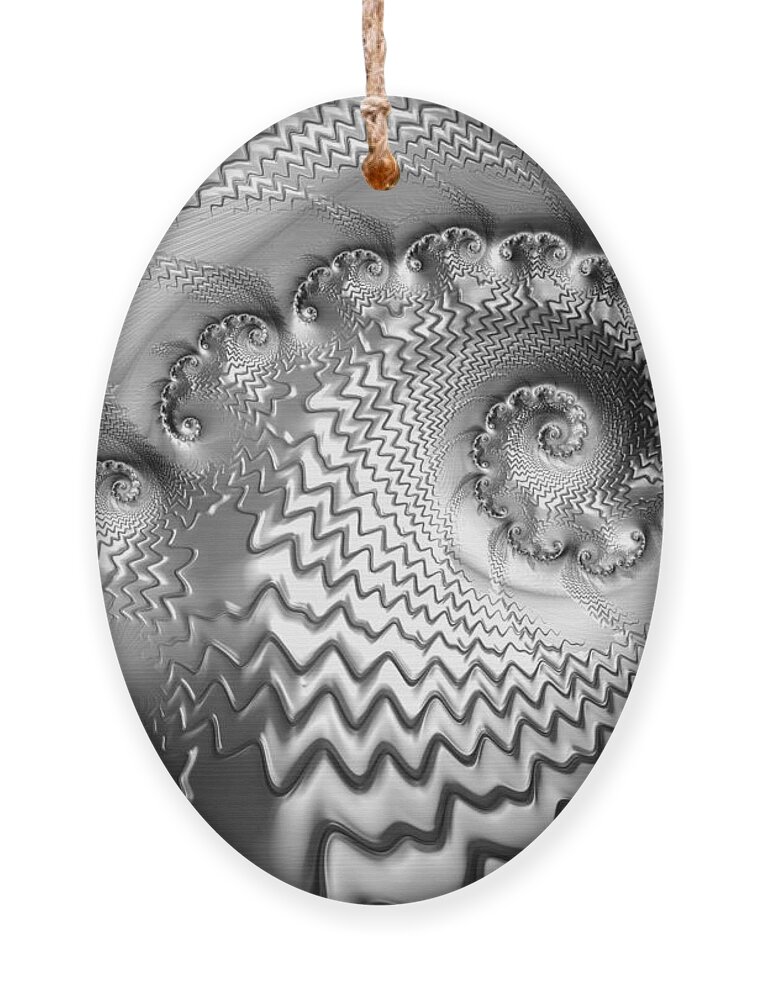 Silver Ornament featuring the digital art Silver fractal spirals and waves glossy metal by Matthias Hauser