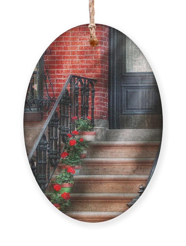 Hoboken Ornament featuring the photograph Spring - Porch - Hoboken NJ - Geraniums on stairs by Mike Savad
