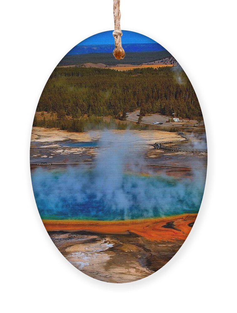 Grand Prismatic Spring Ornament featuring the photograph Steaming Rainbow by Adam Jewell