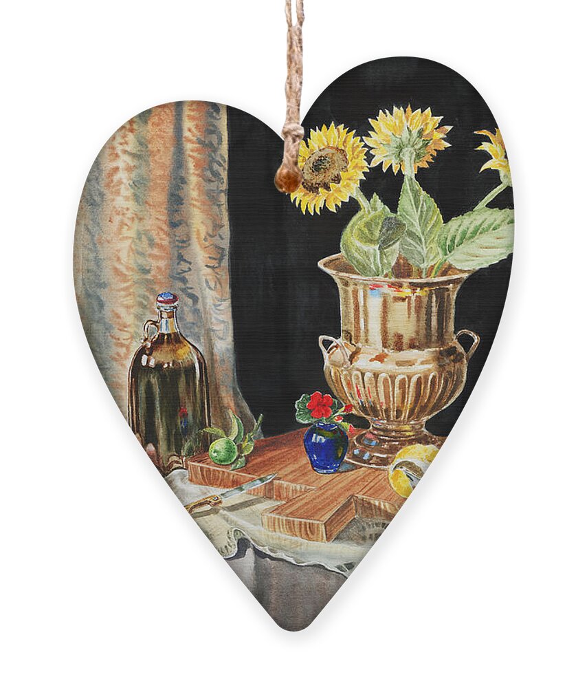 Sunflowers Ornament featuring the painting Still Life With Sunflowers Lemon Apples And Geranium by Irina Sztukowski