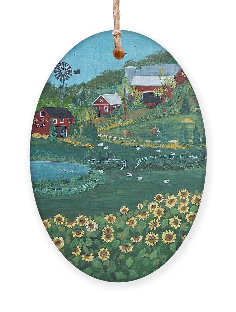 Landscape Ornament featuring the painting Sunflower Farm by Virginia Coyle