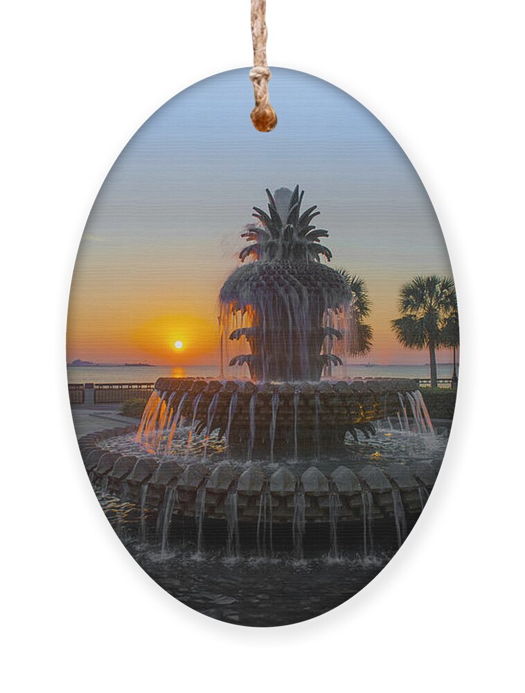 Pineapple Fountain At Waterfront Park In Downtown Charleston Sc Ornament featuring the photograph Sunrise over Charleston by Dale Powell