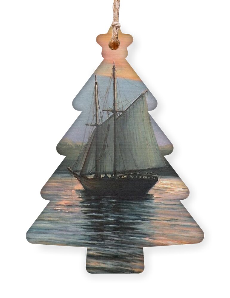 Schooner Ornament featuring the painting Sunset Sails by Eileen Patten Oliver