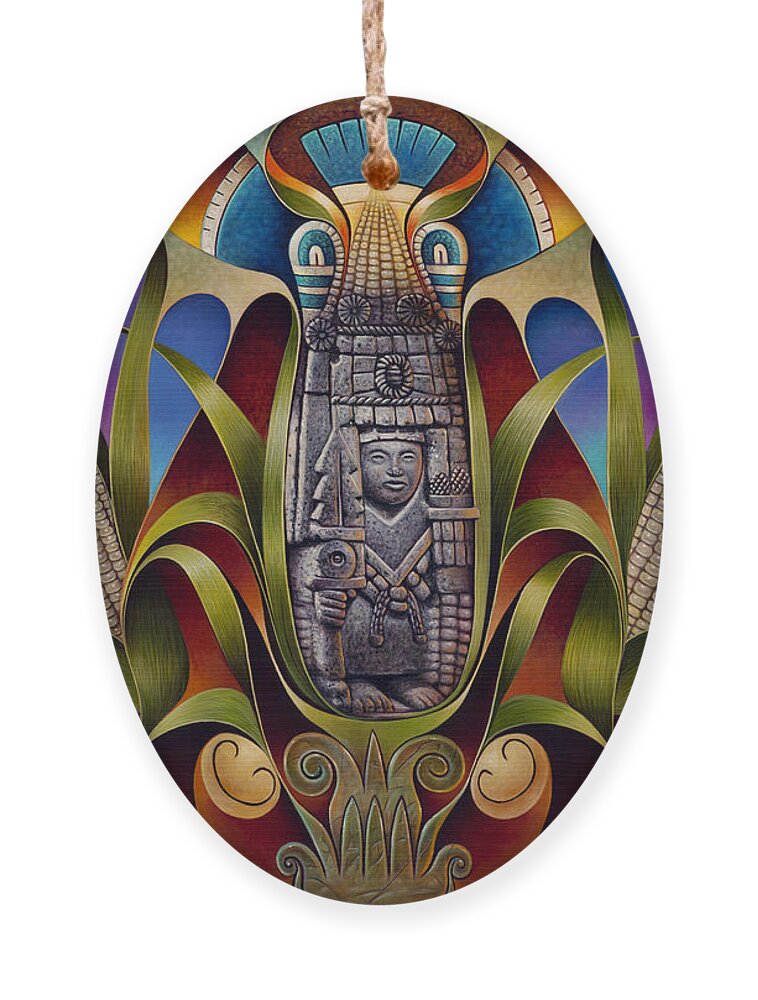 Aztec Ornament featuring the painting Tapestry of Gods - Chicomecoatl by Ricardo Chavez-Mendez