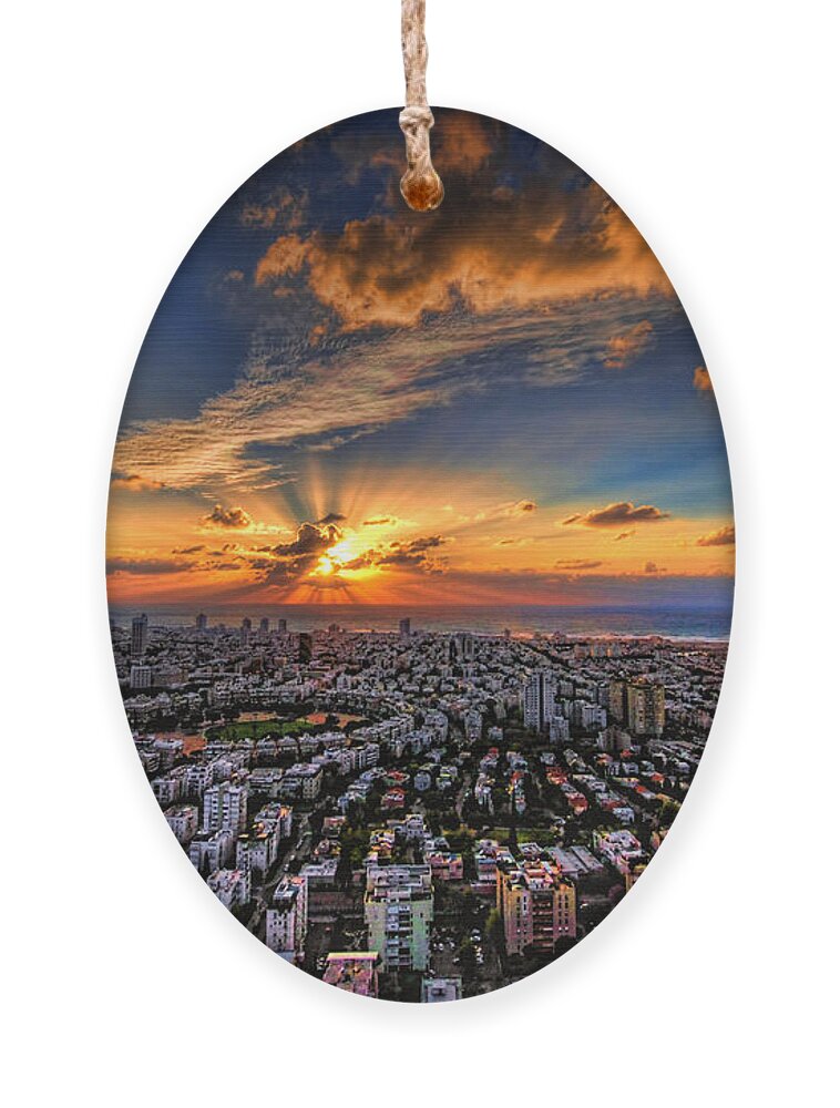 Israel Ornament featuring the photograph Tel Aviv sunset time by Ron Shoshani