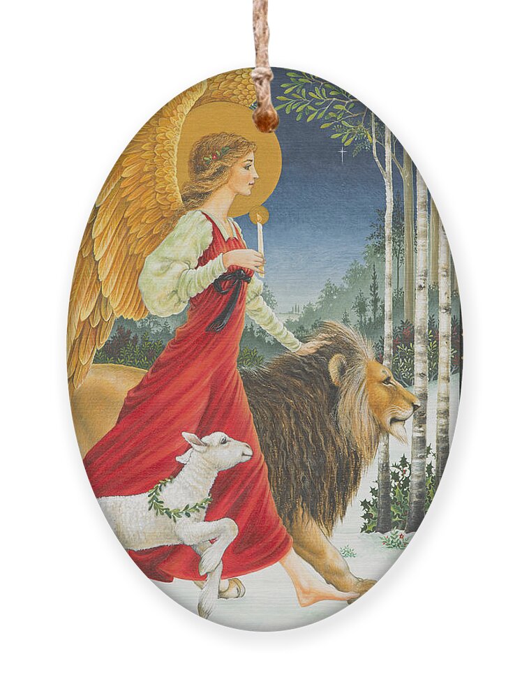 Angel Ornament featuring the painting The Angel The Lion and The Lamb by Lynn Bywaters