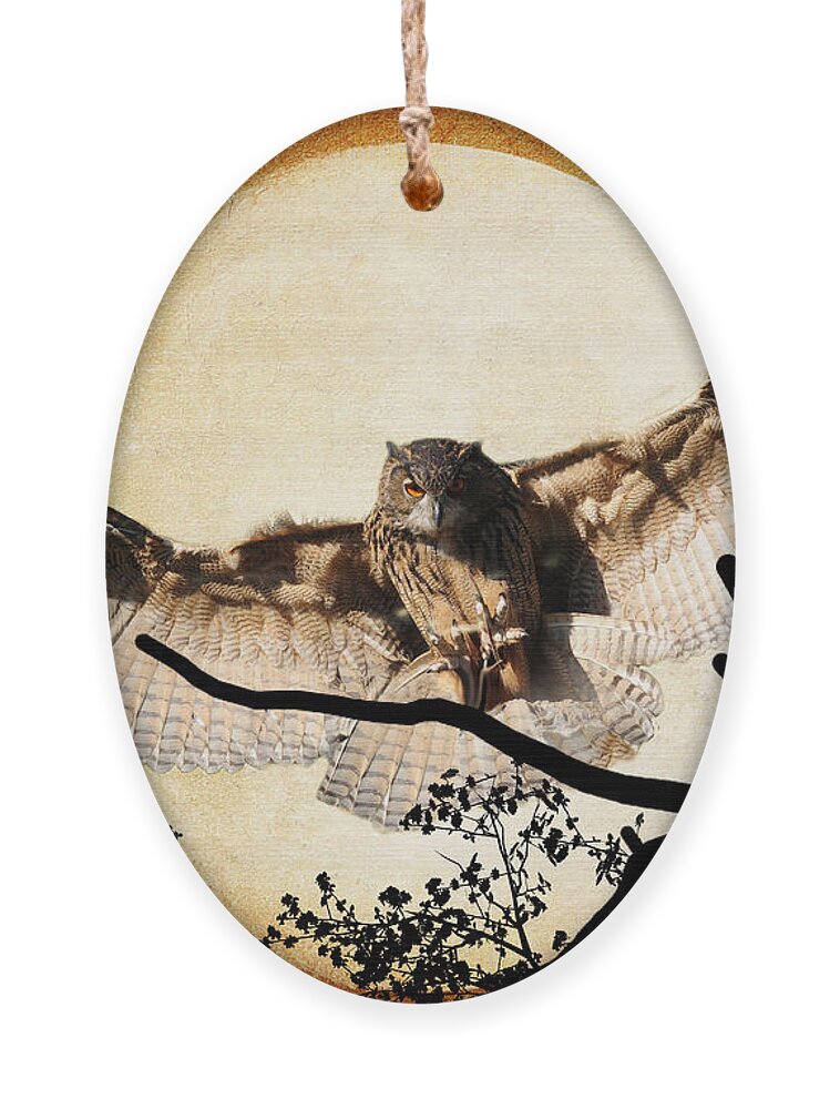 Textures Ornament featuring the photograph The Eurasian Eagle Owl And The Moon by Kathy Baccari