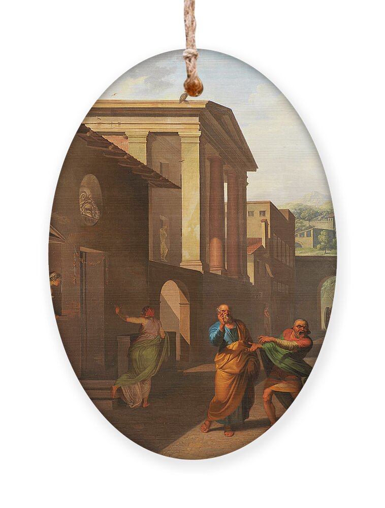 Nicolai Abraham Abildgaard Ornament featuring the painting The Midwife Taking Leave of the girl from Andros. From Terence's Andria by Nicolai Abraham Abildgaard