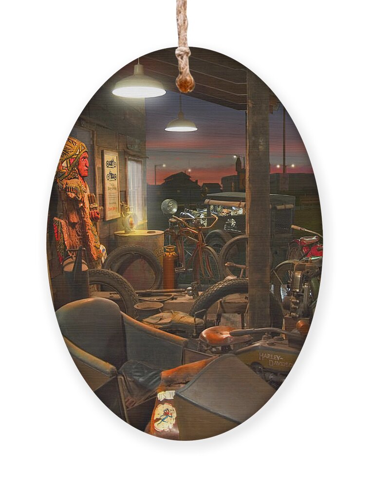 Motorcycle Ornament featuring the photograph The Motorcycle Shop 2 by Mike McGlothlen