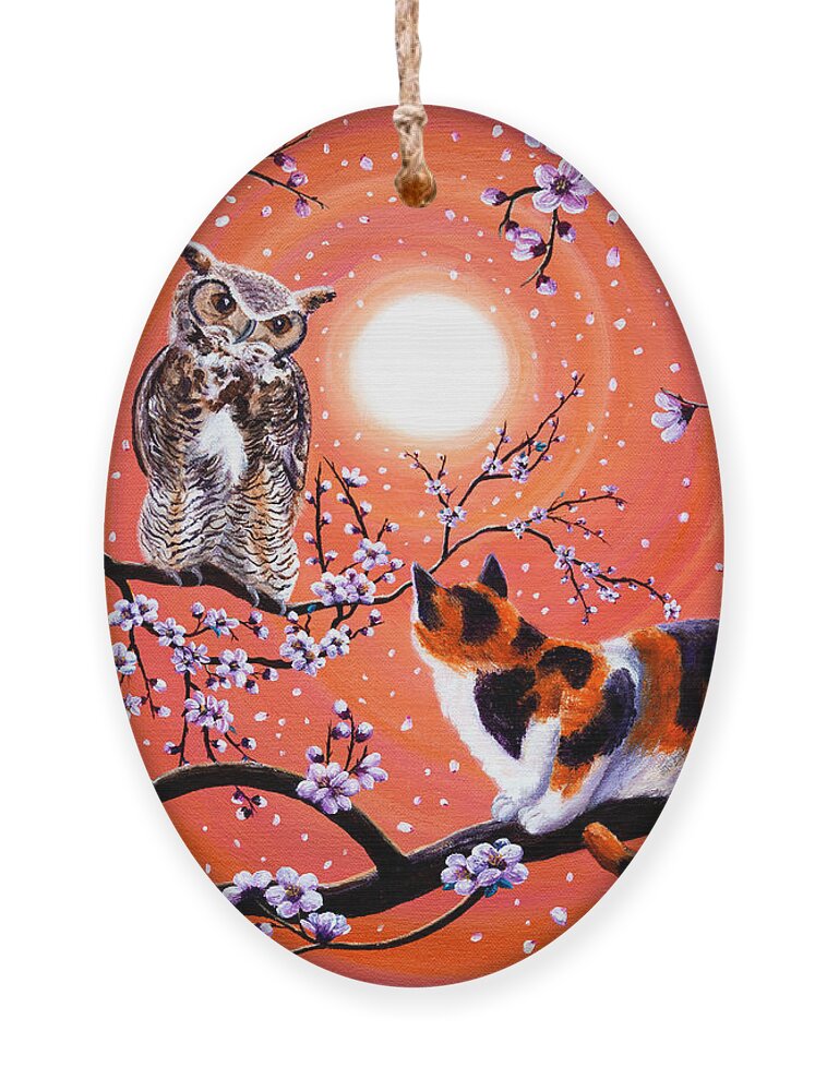 Peach Ornament featuring the painting The Owl and the Pussycat in Peach Blossoms by Laura Iverson