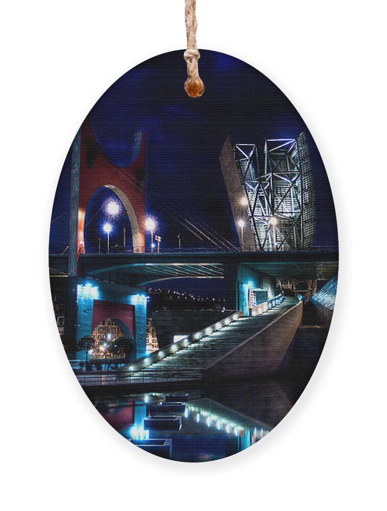Guggenheim Ornament featuring the photograph The Riverside pool of the Guggenheim Museum in Bilbao Spain by Weston Westmoreland