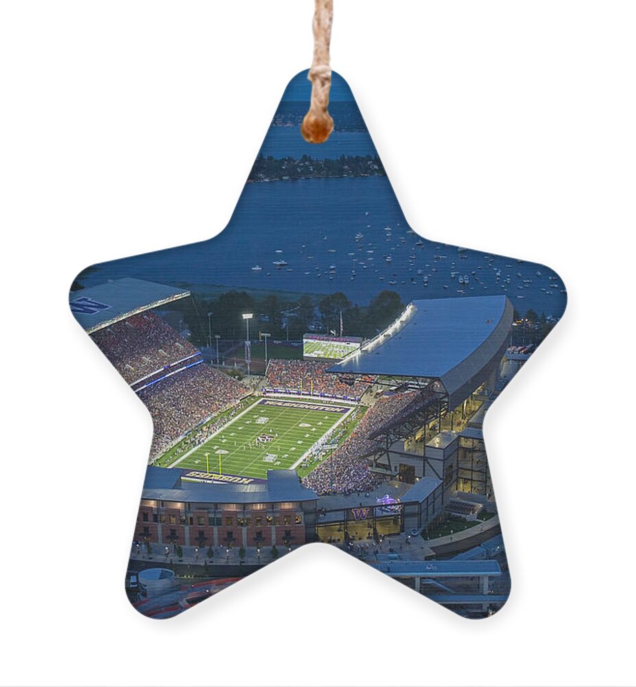 Husky Stadium Ornament featuring the photograph Husky Stadium and the Lake by Max Waugh