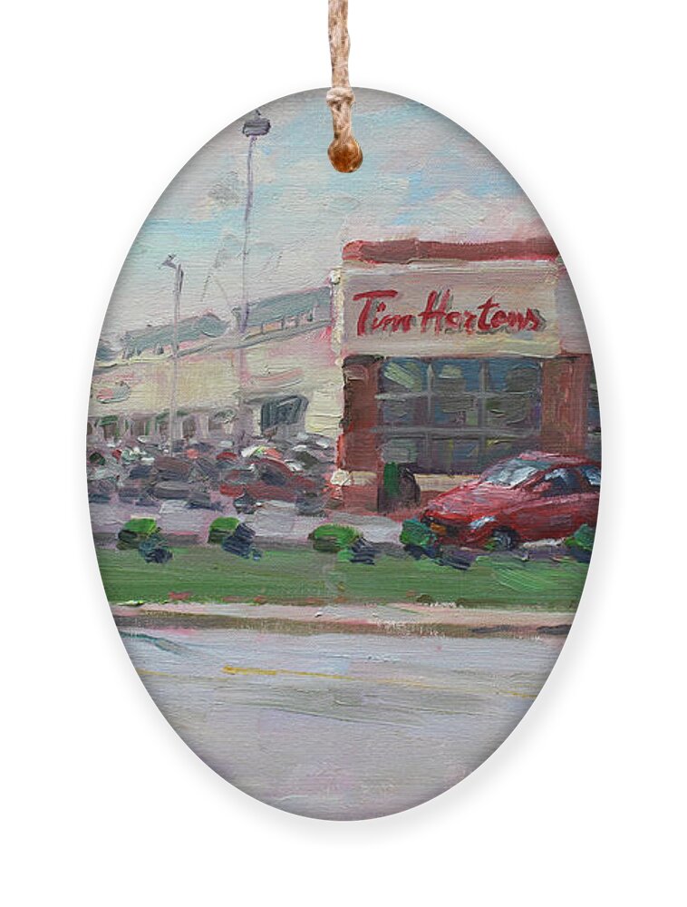 Tim Hortons Ornament featuring the painting Tim Hortons by Niagara Falls Blvd Where I have my Coffee by Ylli Haruni