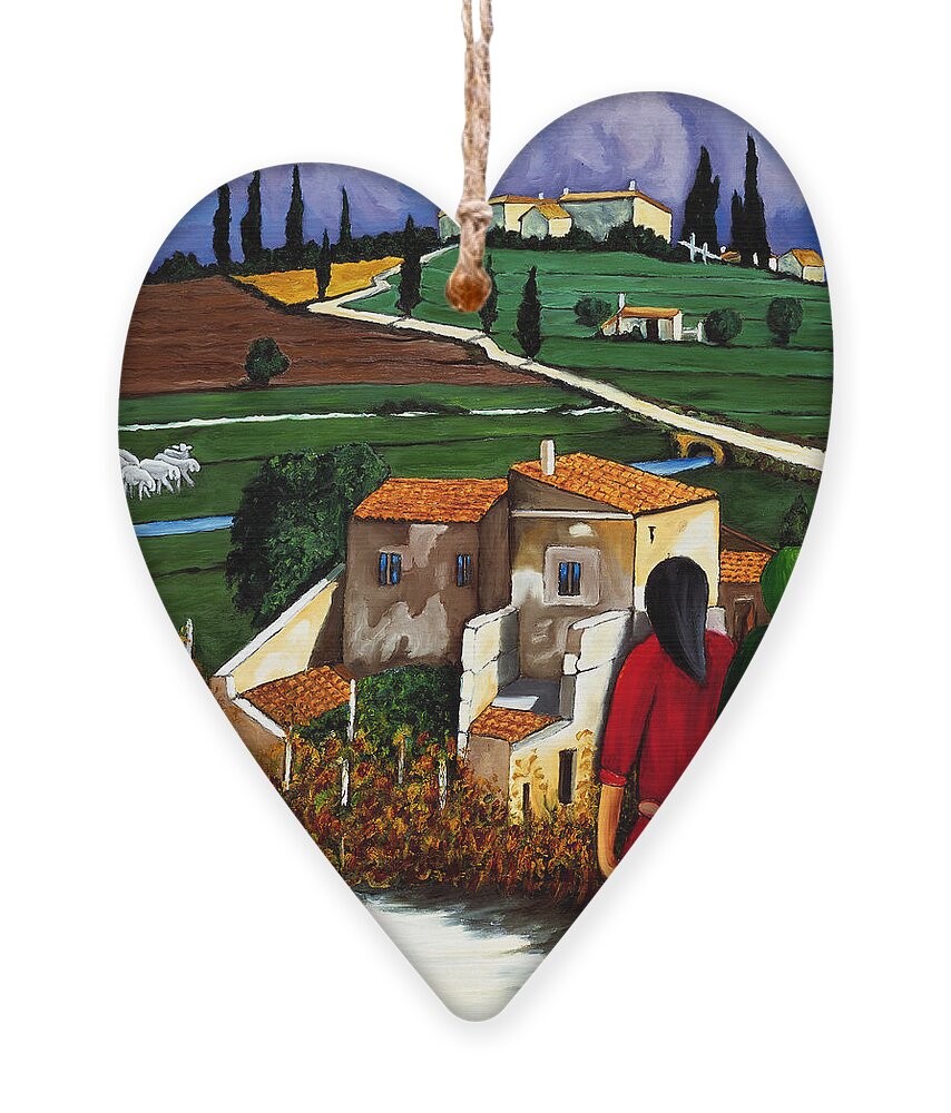 Village Sheep Ornament featuring the painting Two Women And Village Sheep by William Cain