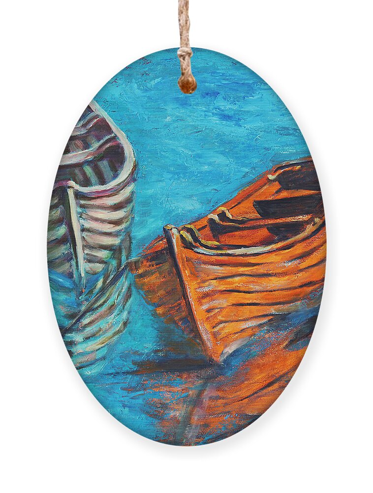 Rowboats Ornament featuring the painting Two Wood Boats by Xueling Zou