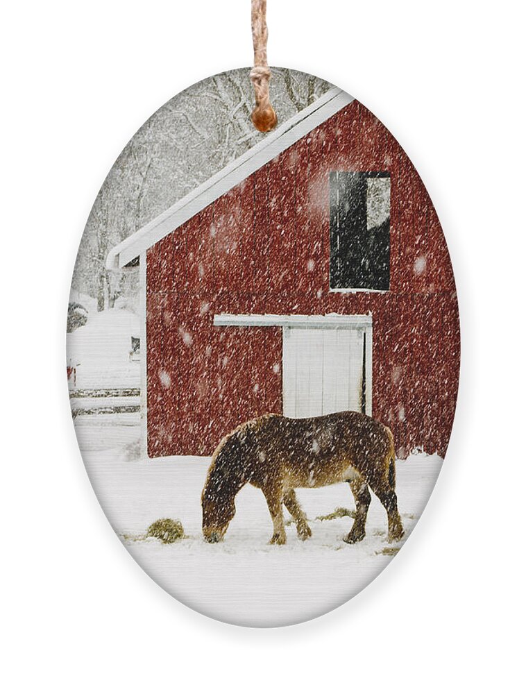 Horse Ornament featuring the photograph Vermont Christmas Eve Snowstorm by Edward Fielding