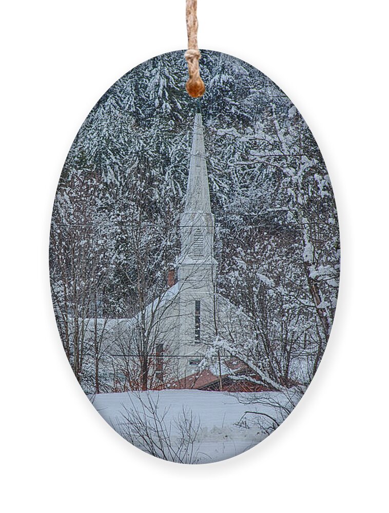 Church Steeple Ornament featuring the photograph Vermont church in snow by Jeff Folger